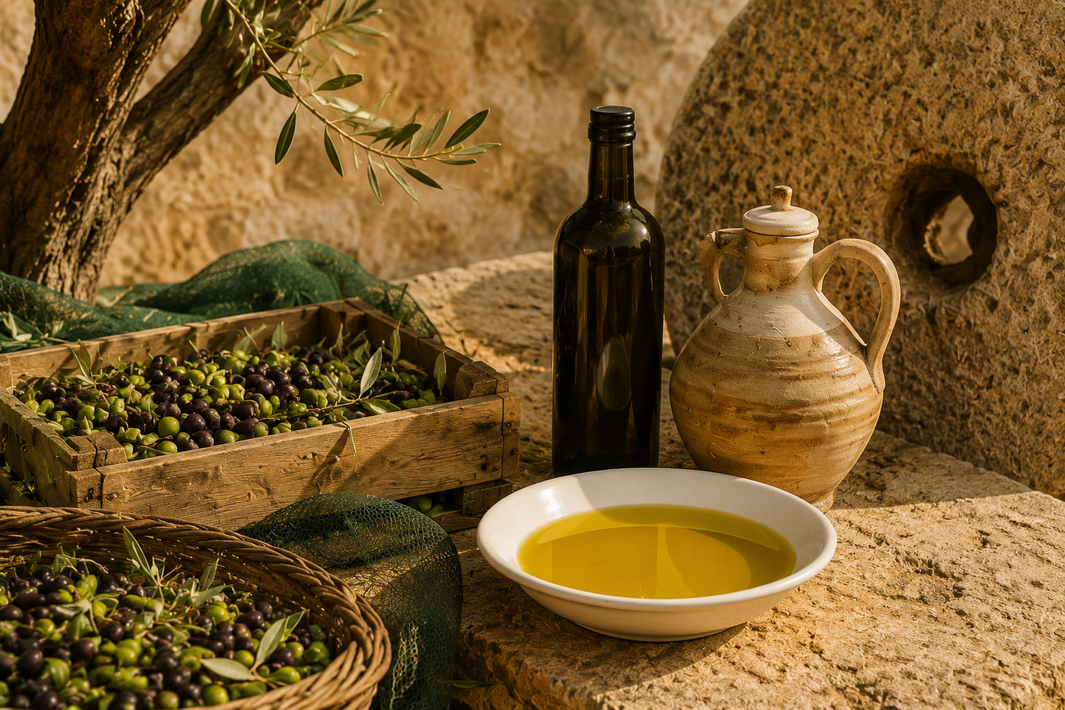 Olive oil and olives in a rustic Mediterranean setting