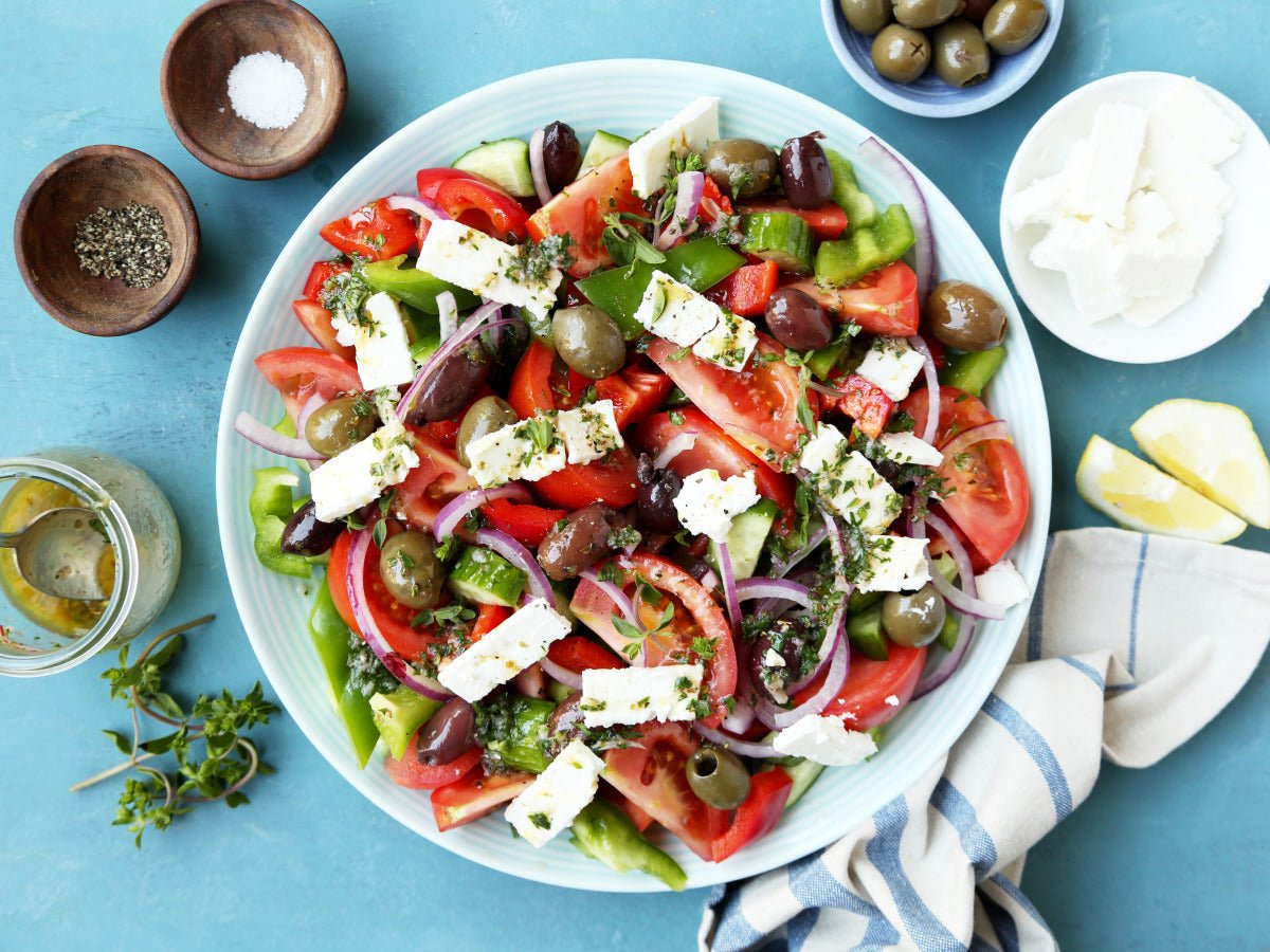 Fresh Mediterranean salad with tomatoes, olives and feta