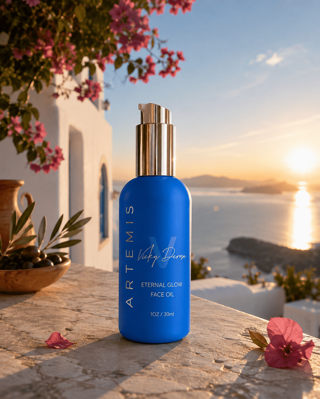 Artemis face oil overlooking the Mediterranean at sunset