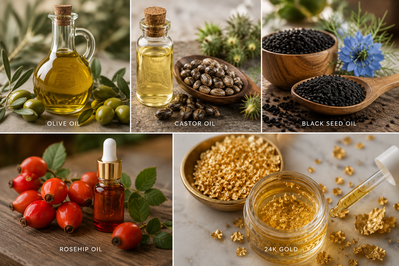 Olive, castor, black seed, rosehip and 24K gold oils used in the Artemis blend