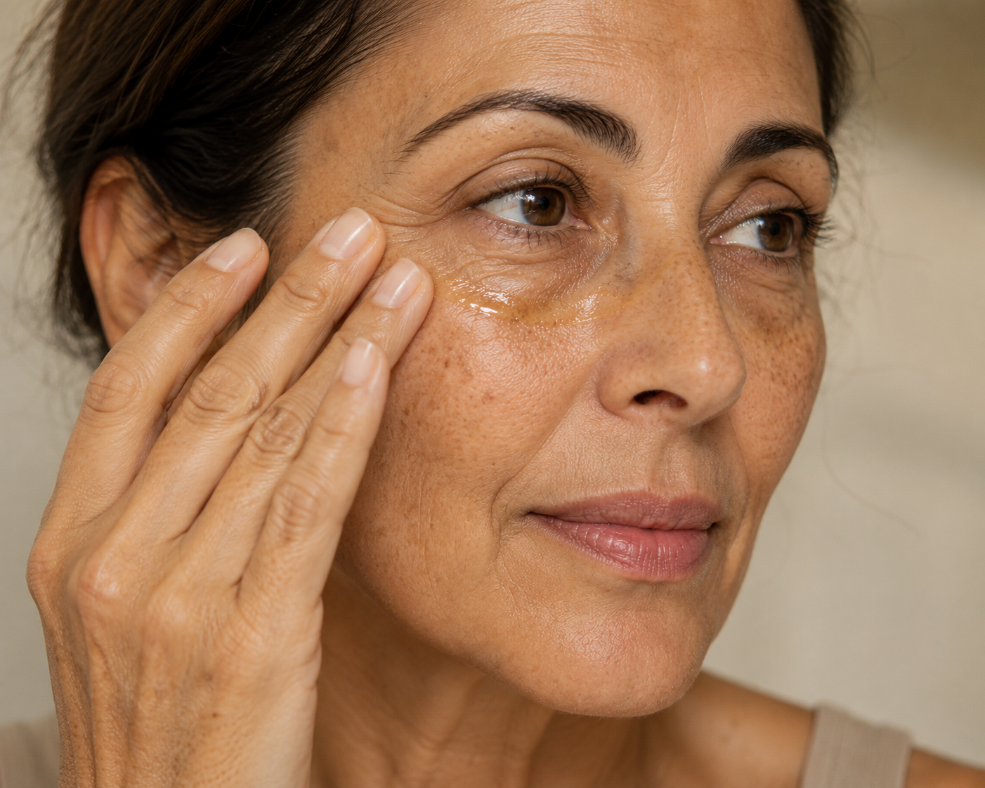 Woman applying face oil to mature skin