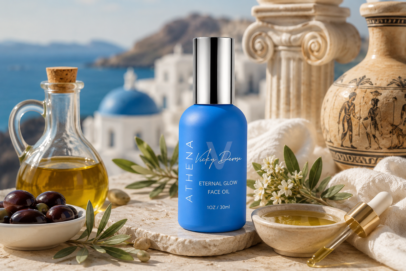 Eternal Glow Athena Blend Face Oil in a Greek-inspired setting