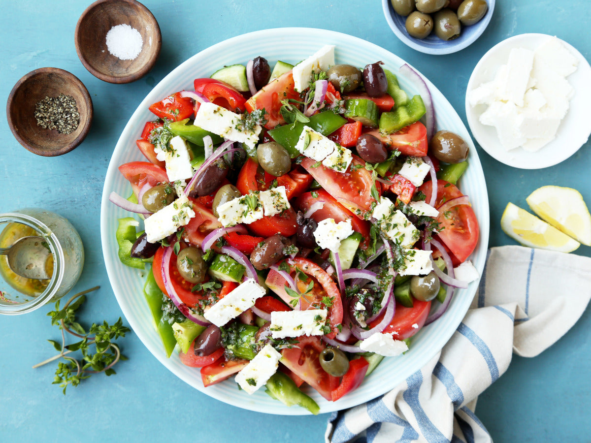 Fresh Mediterranean salad with tomatoes, olives and feta