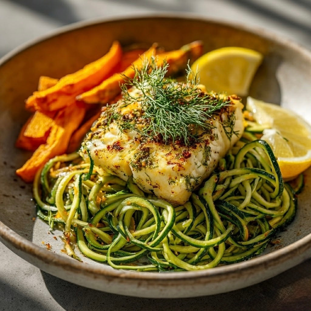 Roasted halibut with zucchini noodles and sweet potato