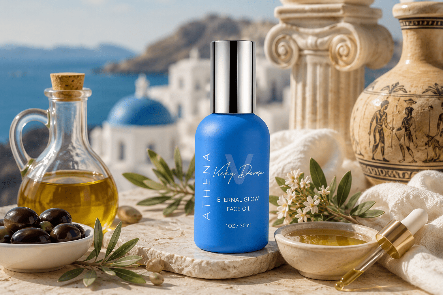 Eternal Glow Athena Blend Face Oil in a Greek-inspired setting